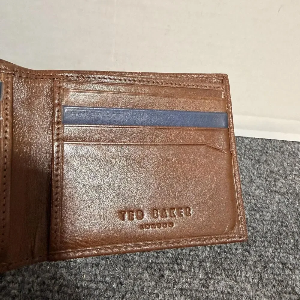 Ted Baker Wallet Mens Brown Leather Bifold Card Holder Blue Trim Logo Lining